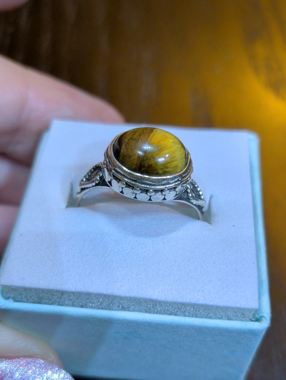 Antique Look Tiger's Eye Cabochon Silver Plated Ring Size 8.5